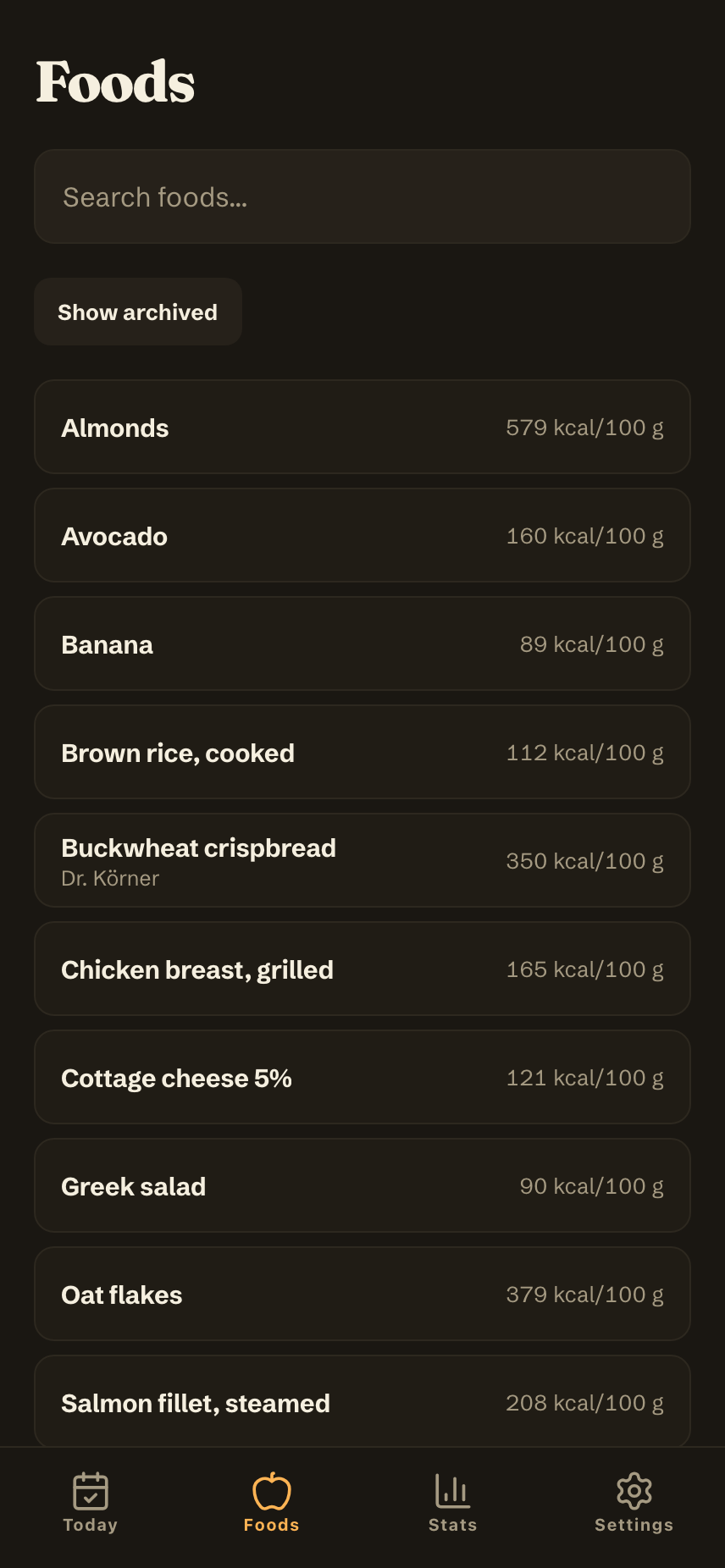 Food library screen listing saved foods with calories and macros per 100 g