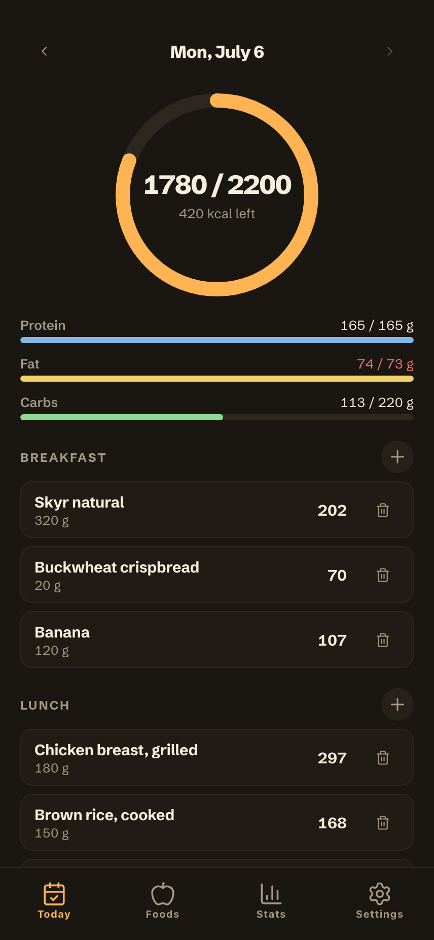 Today screen with the calorie ring, macro bars, and meals grouped by breakfast, lunch, dinner, and snacks